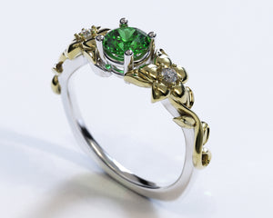 Two Tone Floral Emerald Engagement Ring