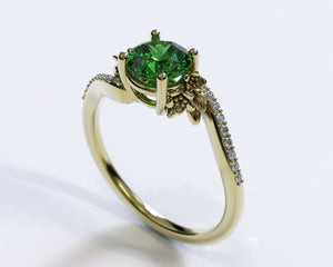 Emerald Engagement Ring With Leaves