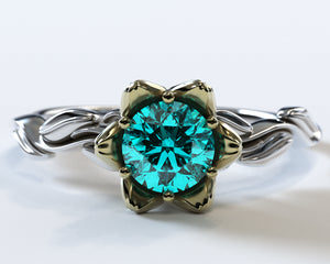 Floral Aquamarine Halo Engagement Ring