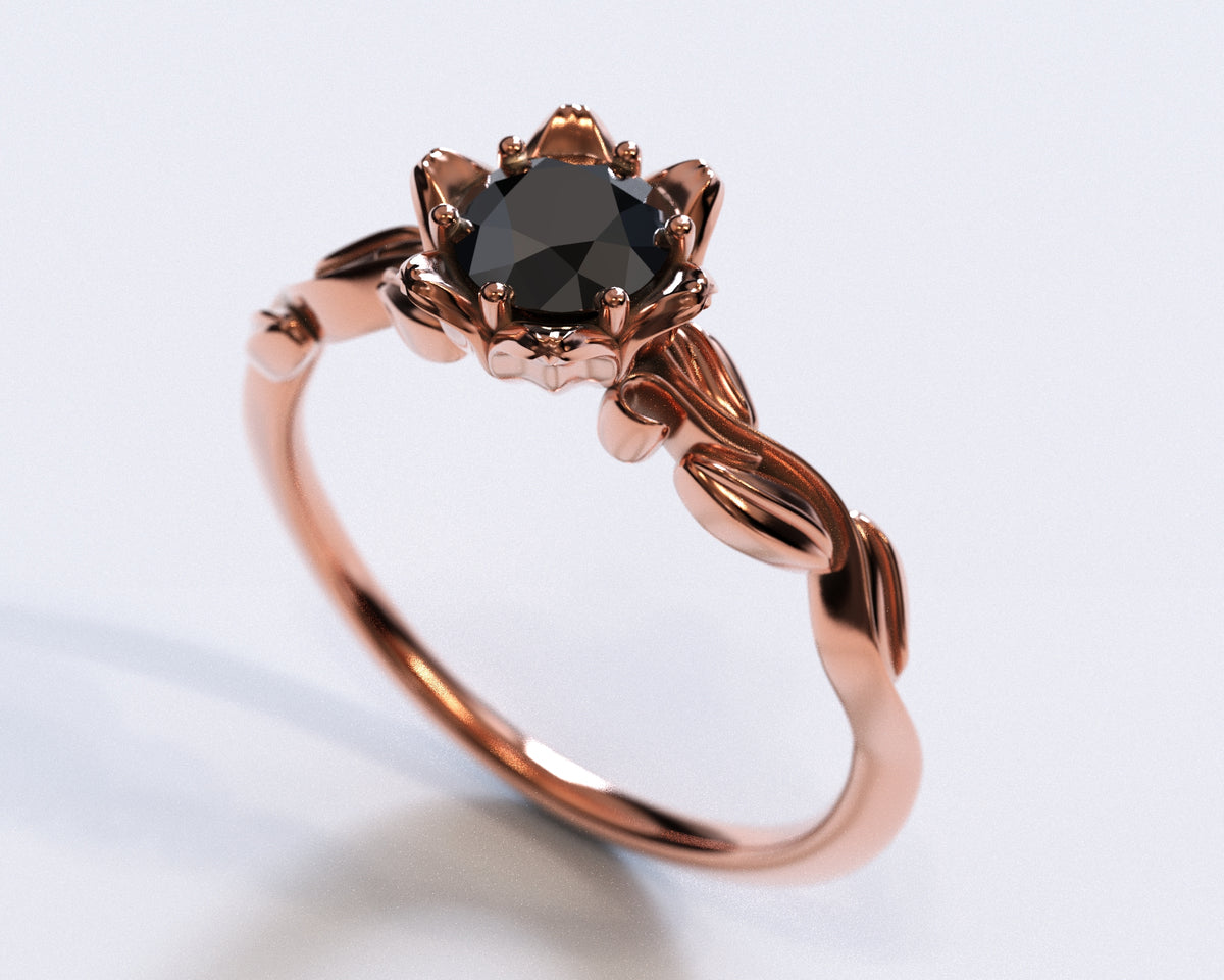 Black Diamond Floral Engagement Ring With Leaves