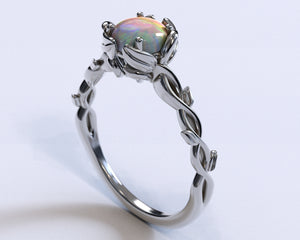 Unique Opal Flower Engagement Ring With Leaves