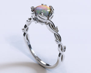 Unique Opal Flower Engagement Ring With Leaves