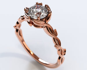 Unique Halo Rose Gold Moissanite Engagement  Ring