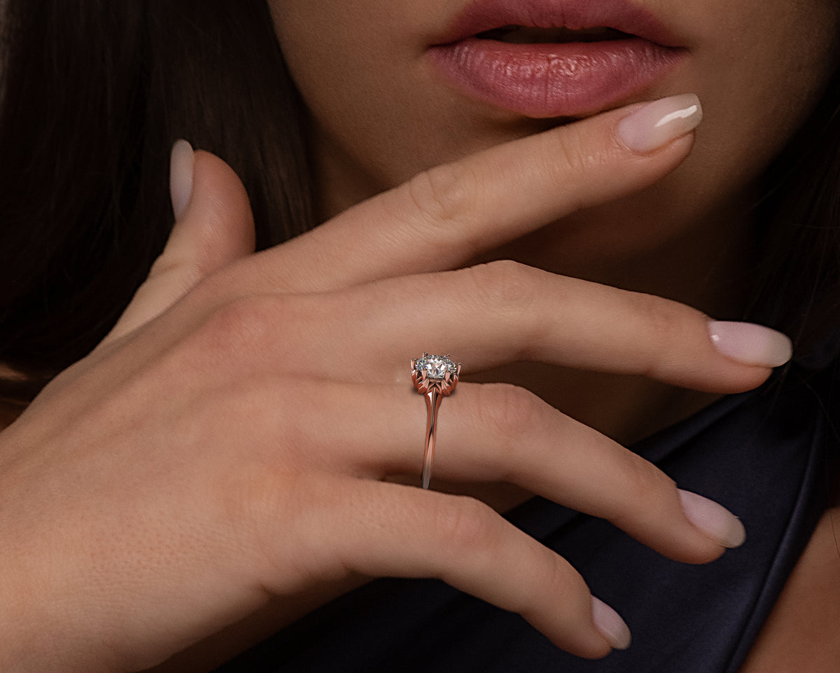 Floral Rose Gold Halo Moissanite Engagement Ring