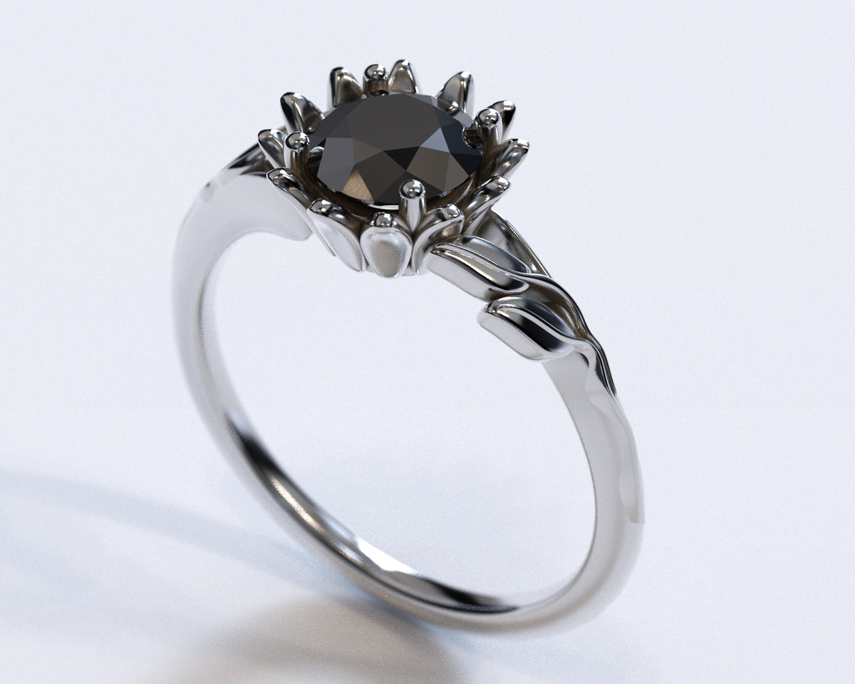 Unique Black Diamond Floral Engagement Ring
