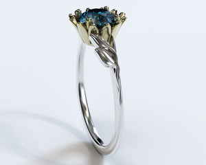 Unique Flower Blue Diamond Halo Engagement Ring