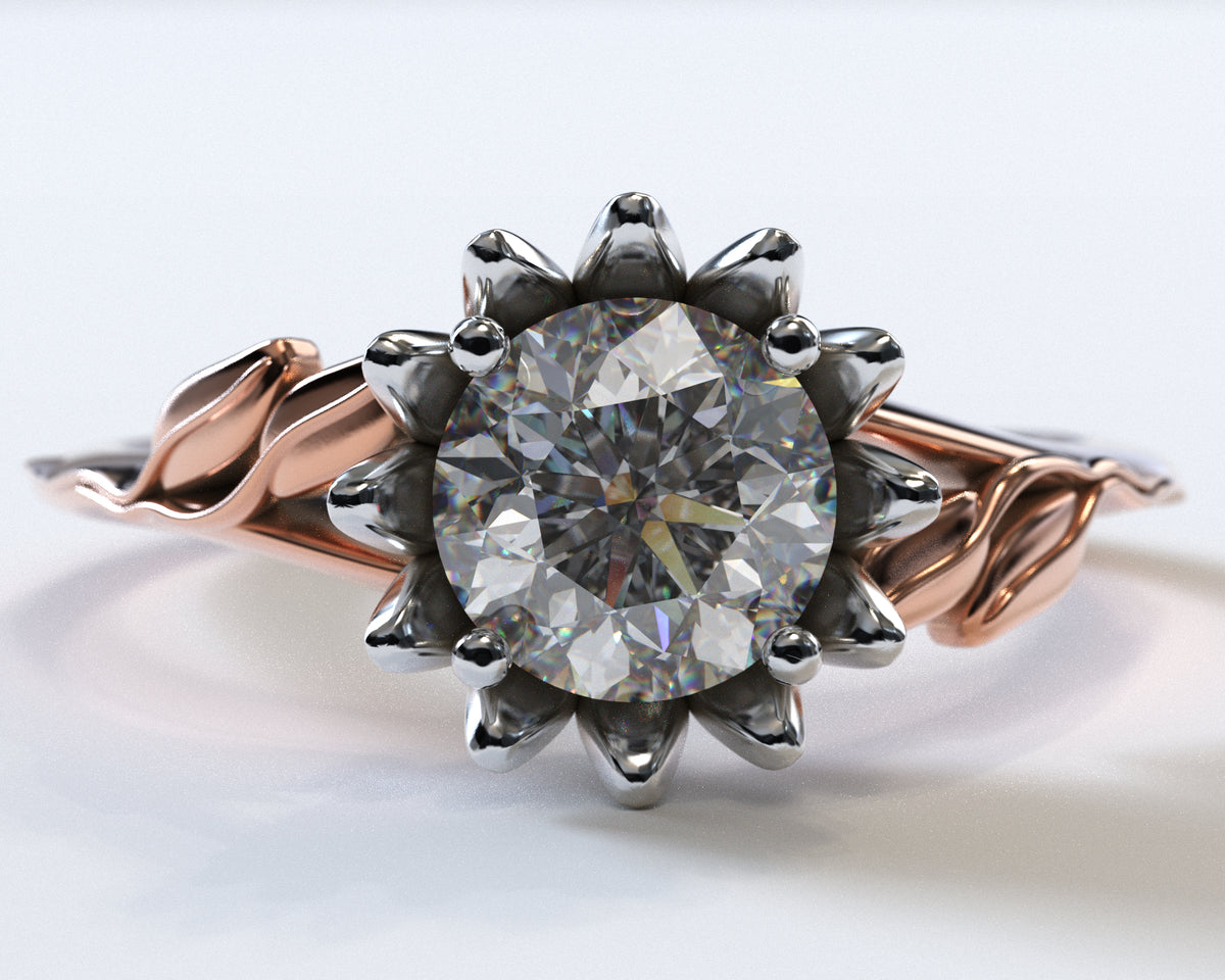 Floral Two Tone Gold Halo Moissanite Engagement Ring
