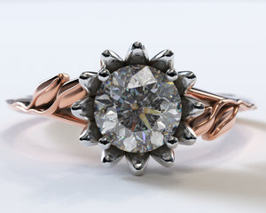Floral Two Tone Gold Halo Moissanite Engagement Ring