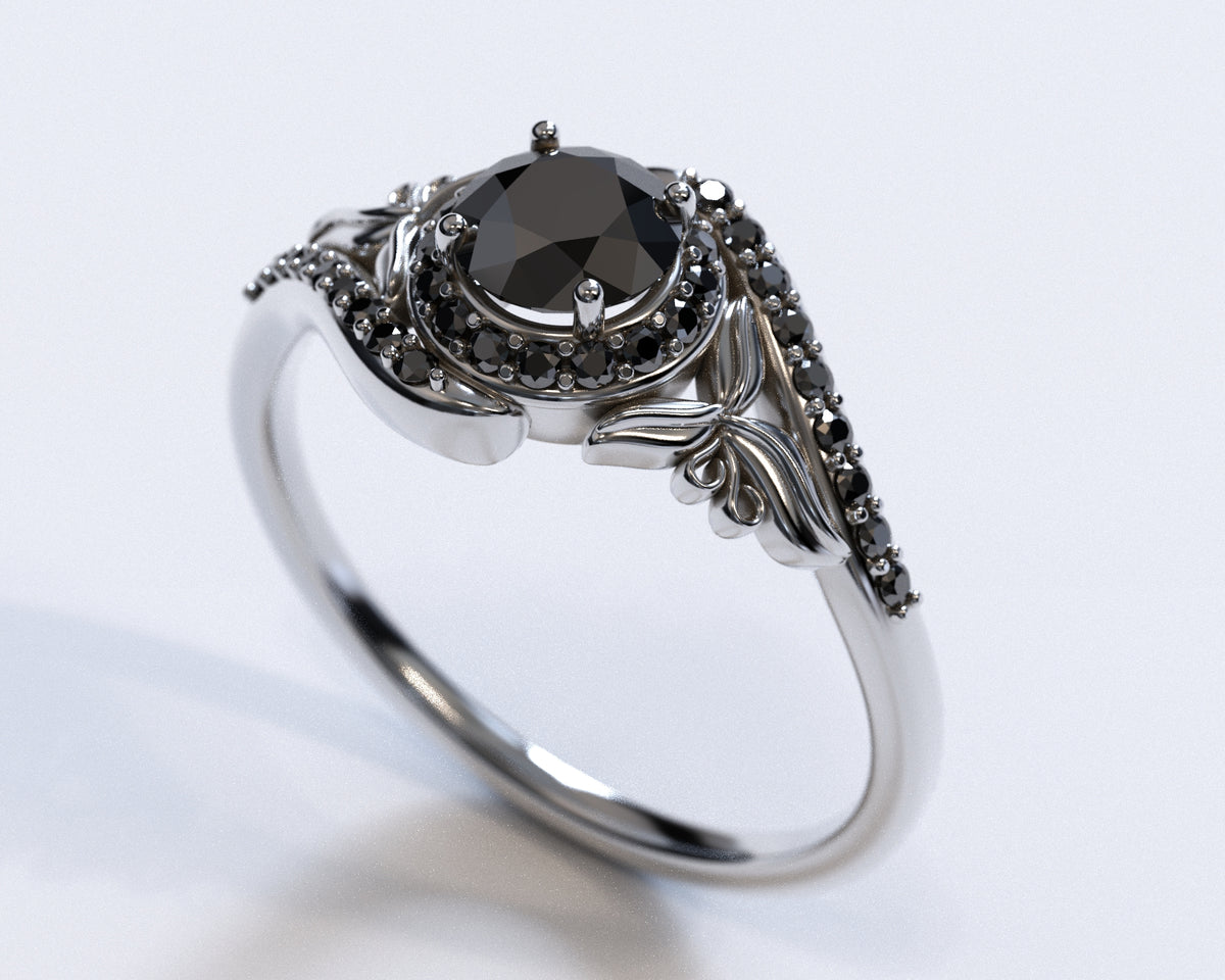 Unique Flower Engagement Ring with Black Diamond