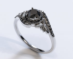 Unique Flower Engagement Ring with Black Diamond