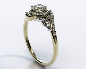 Floral Two Tone Gold Diamond Halo Engagement Ring