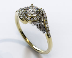 Floral Two Tone Gold Diamond Halo Engagement Ring