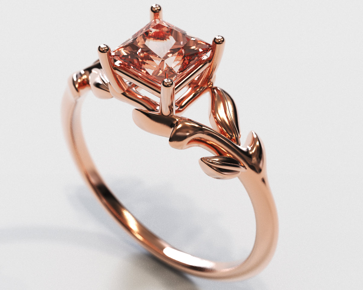 Unique Flower Morganite Engagement Ring With Leaves