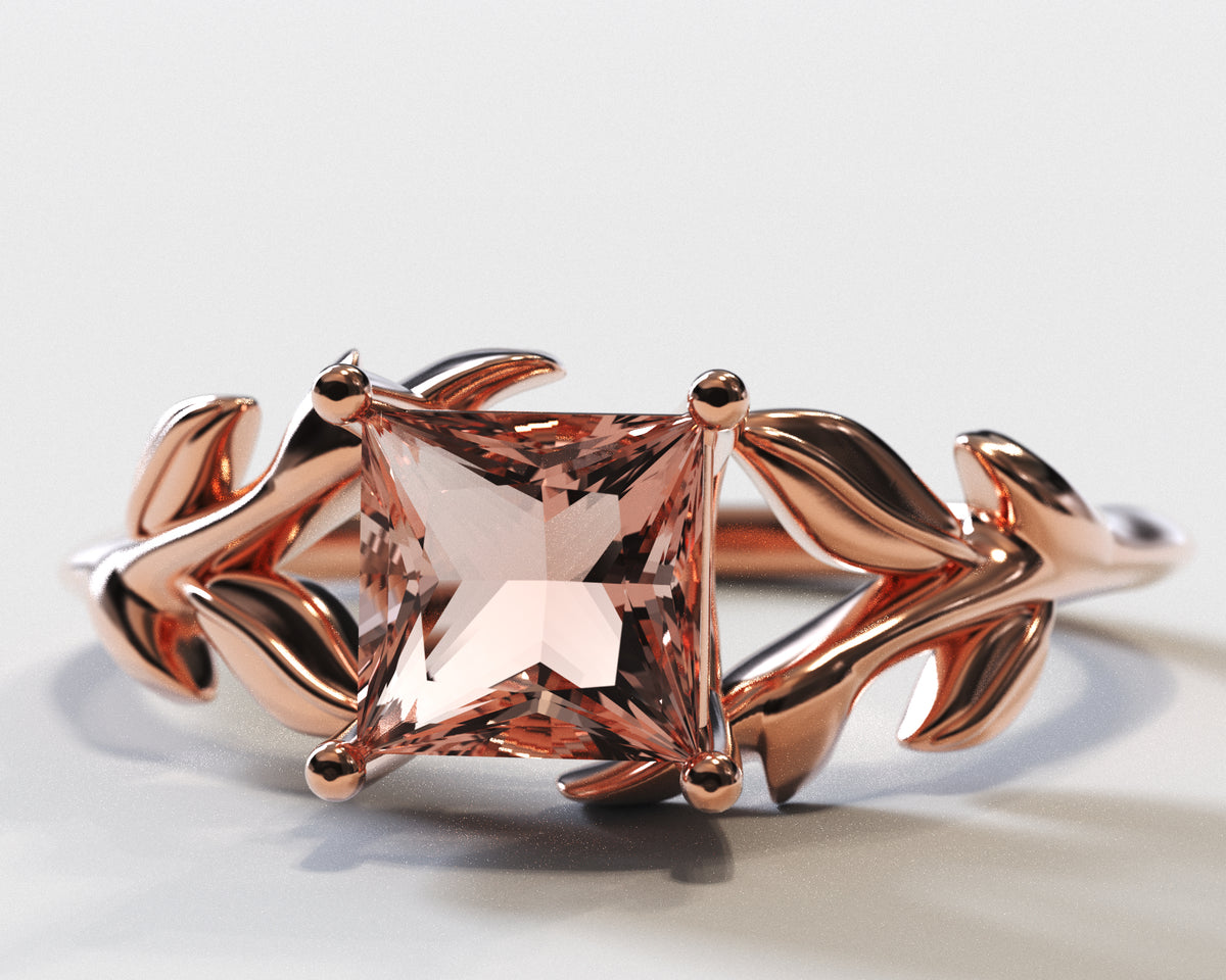 Unique Flower Morganite Engagement Ring With Leaves