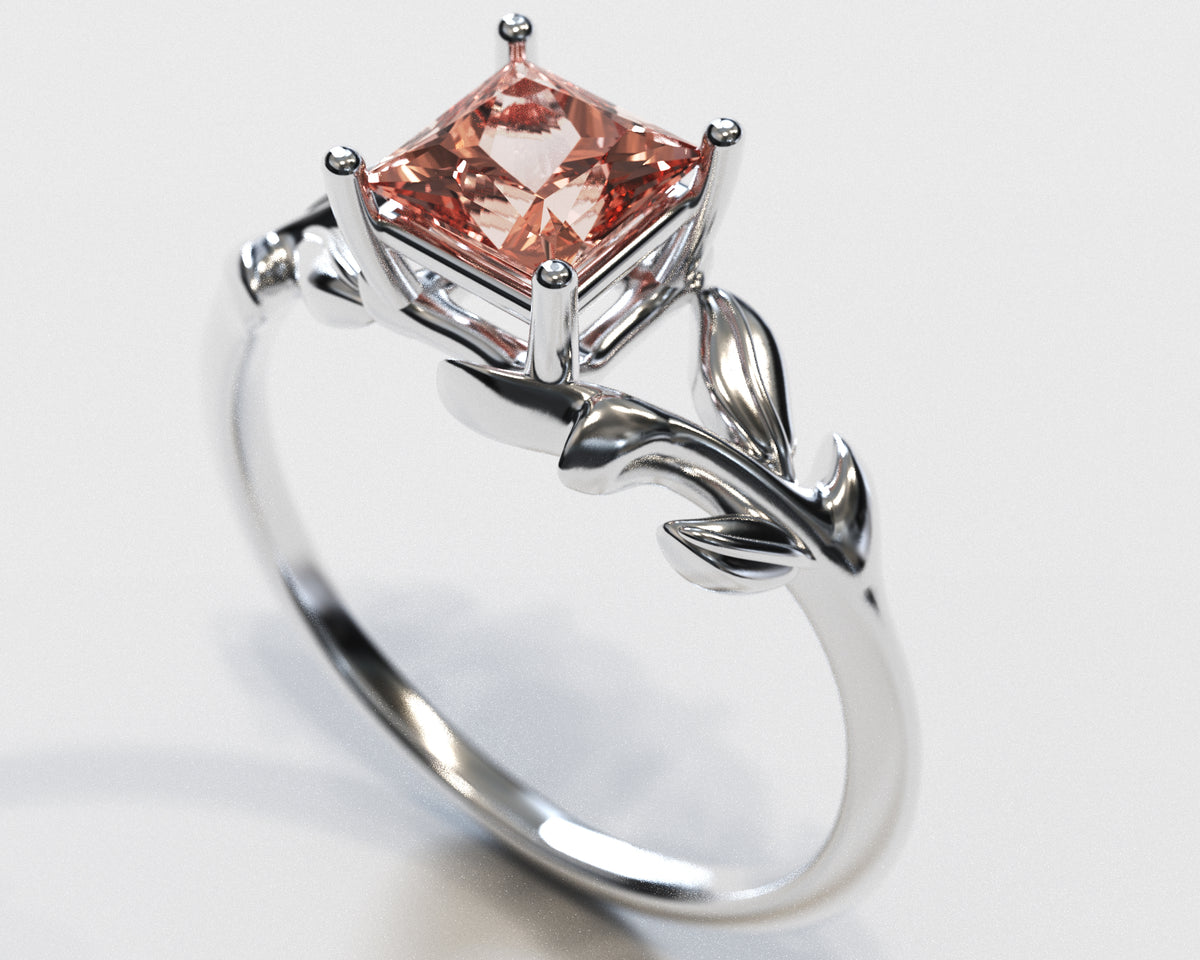 Unique Flower Morganite Engagement Ring With Leaves