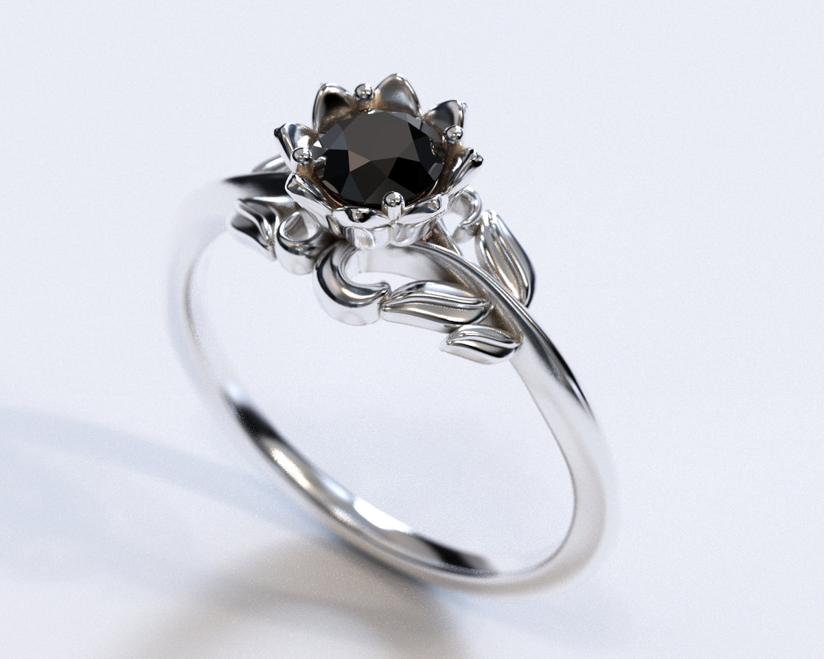 Nature Inspired Black Diamond Flower Engagement Ring