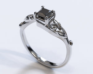 Unique Flower Princess Cut Engagement Ring With Black Diamond