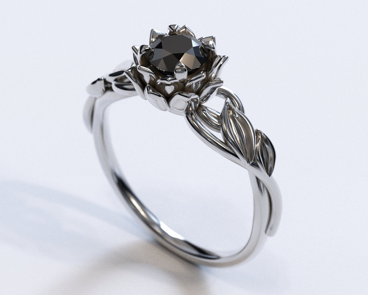 Lotus Floral Black Diamond Engagement Ring With Leaves