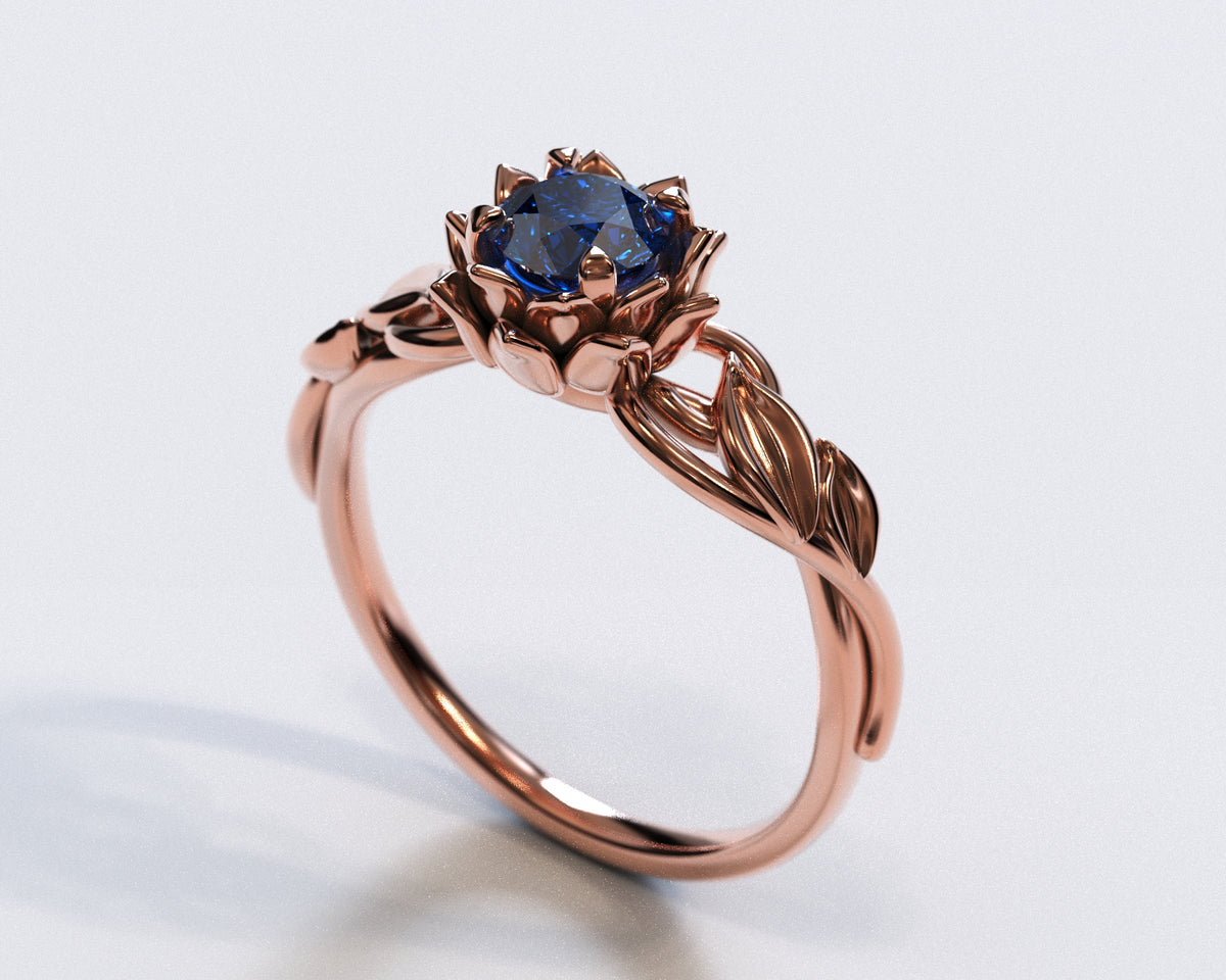 Lotus Flower Blue Sapphire Engagement Ring