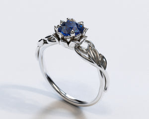 Lotus Flower Blue Sapphire Engagement Ring