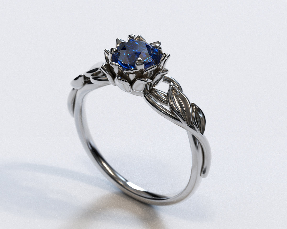 Lotus Flower Blue Sapphire Engagement Ring