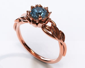 Unique Blue Diamond Lotus Flower Engagement Ring