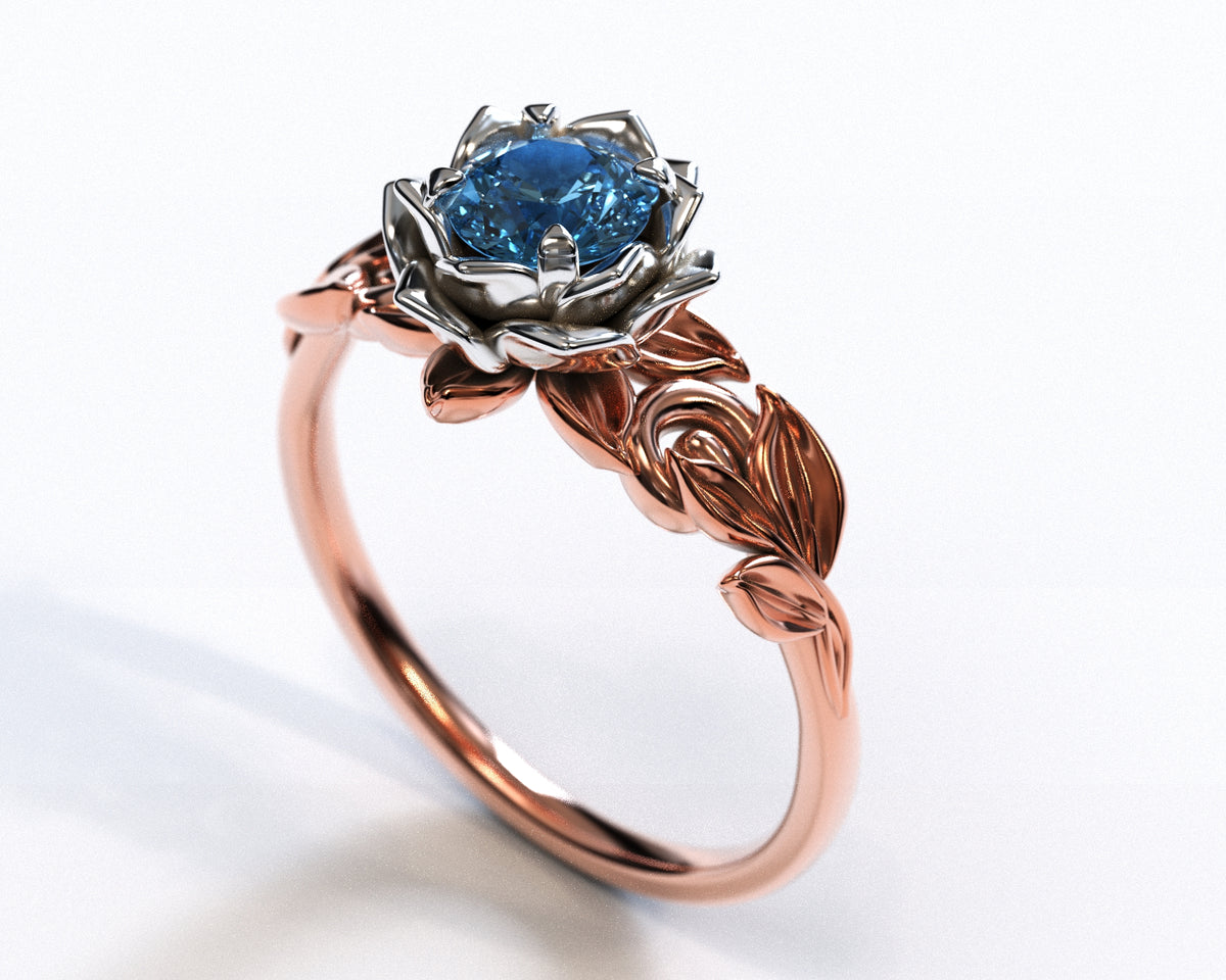 Two Tone Blue Topaz Flower Engagement Ring