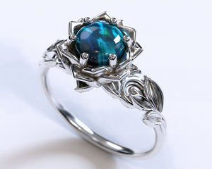 Black Opal Flower Engagement Ring