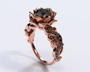 Rose Gold Flower Engagement Ring with Black Diamond