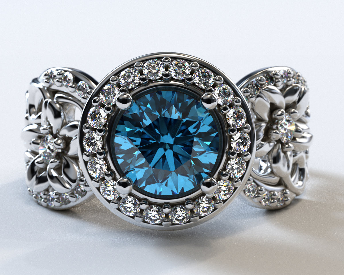 Blue Diamond Flower Engagement Ring