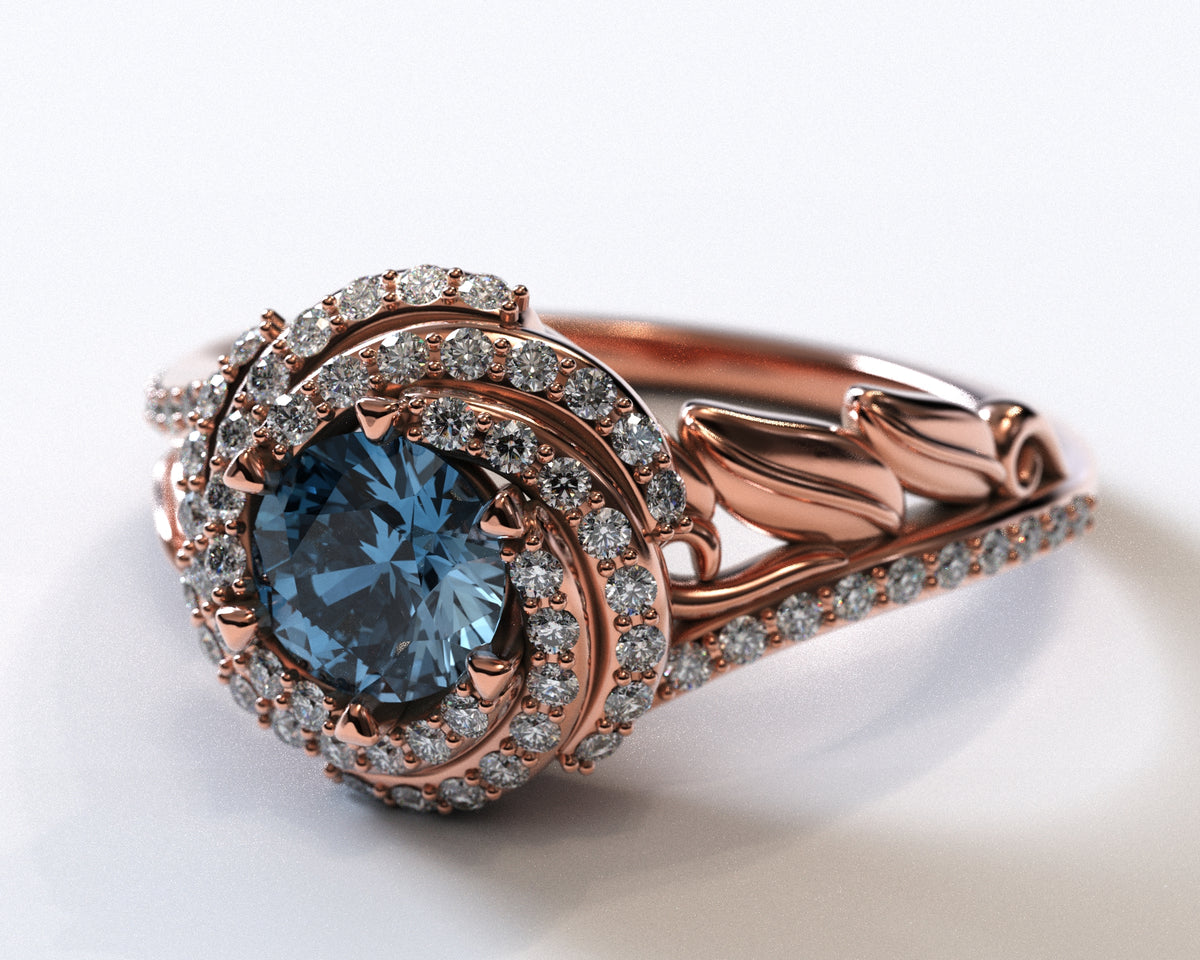 Unique Blue Diamond Engagement Ring With Leaves