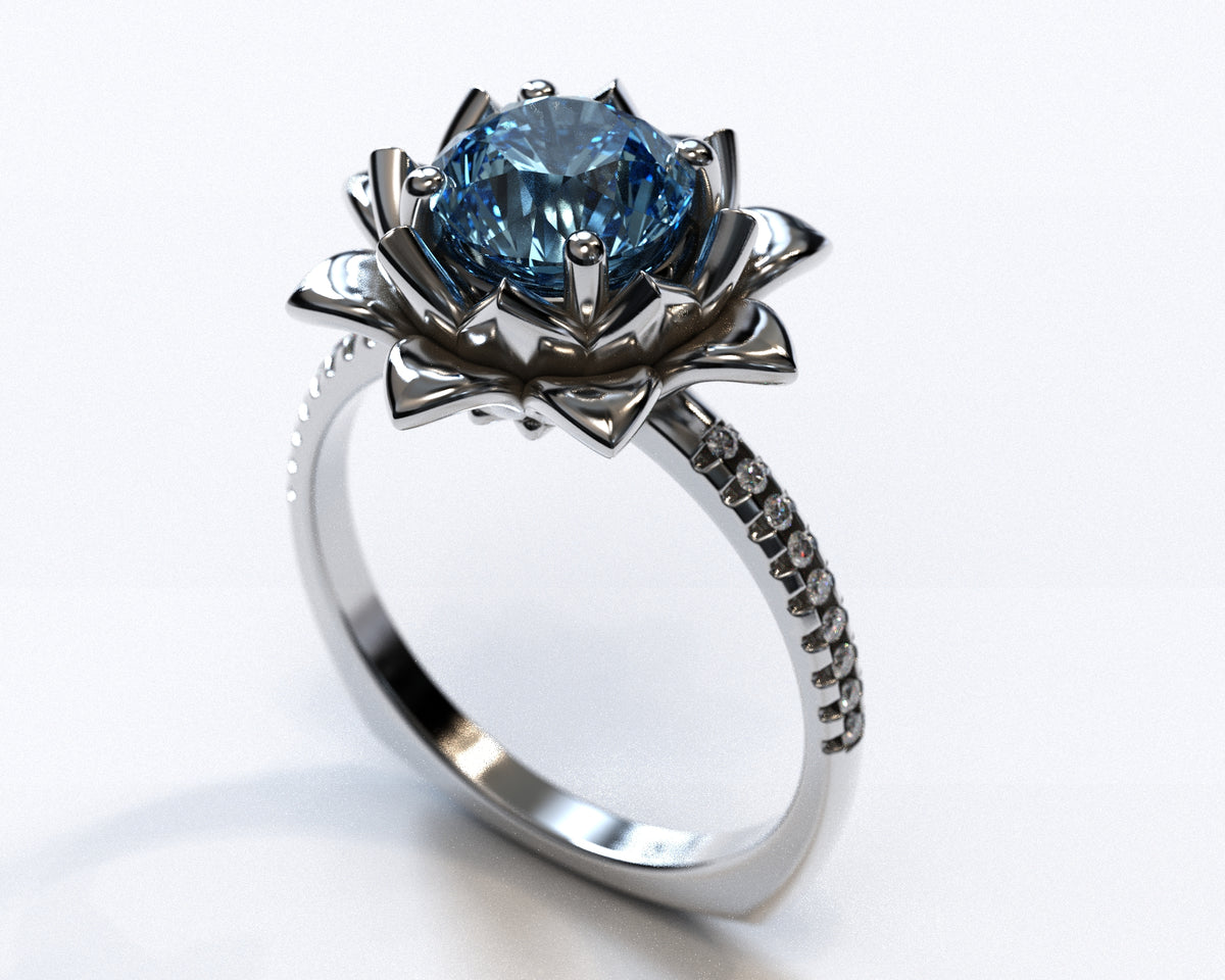 Floral Blue Topaz Engagement Ring With Leaves
