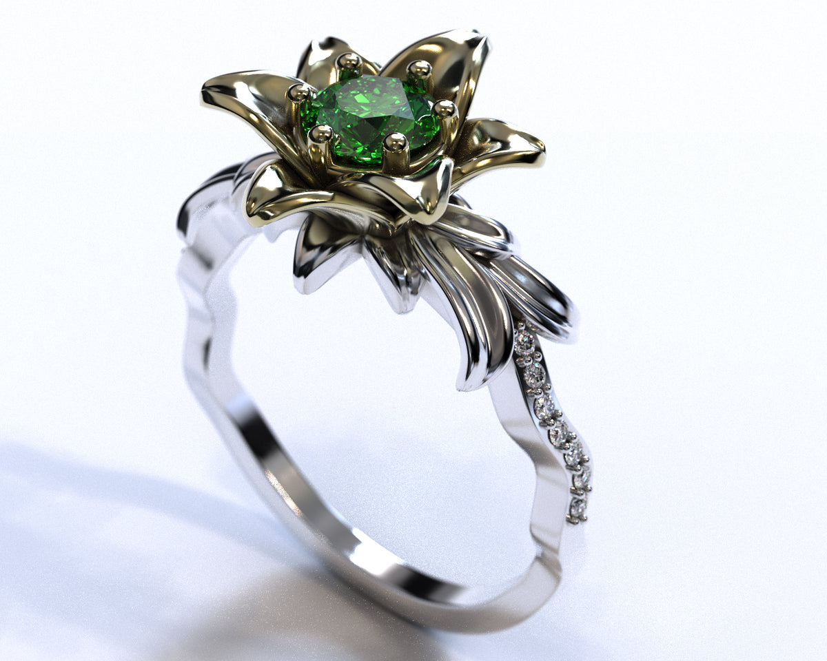 Lily Flower Emerald Engagement Ring