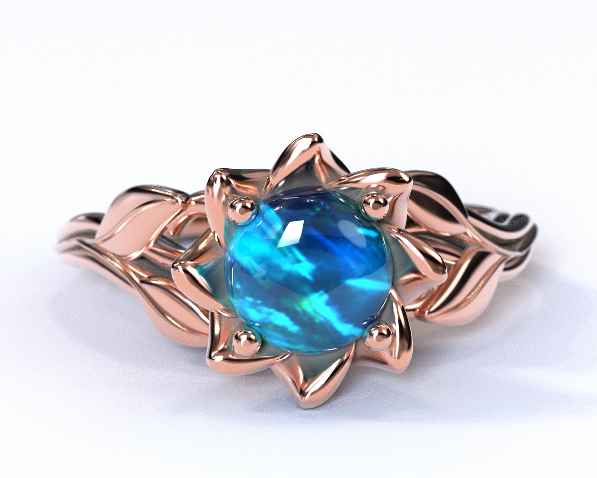Opal Flower Engagement Ring With Leaves