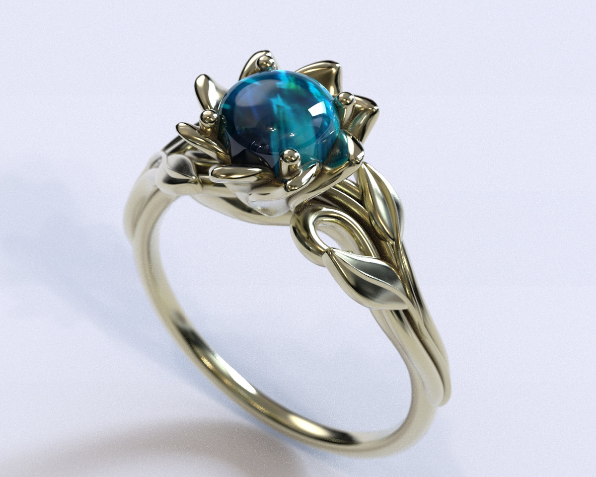 Opal Flower Engagement Ring With Leaves