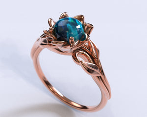 Opal Flower Engagement Ring With Leaves