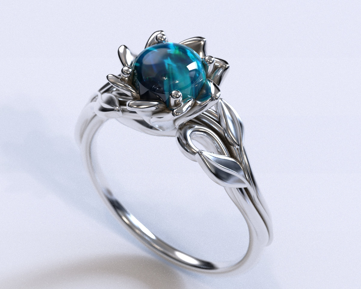 Opal Flower Engagement Ring With Leaves