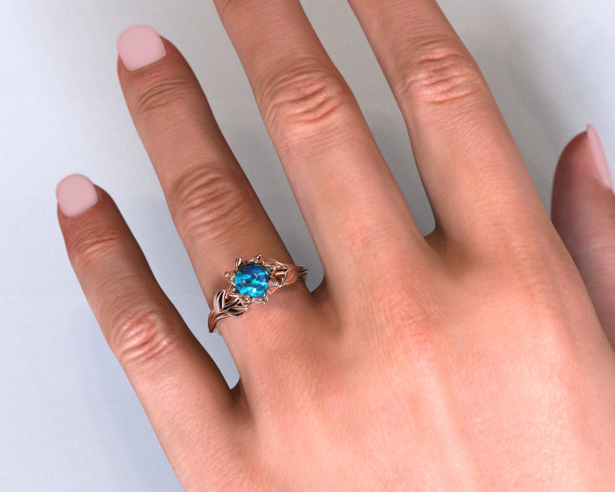 Opal Flower Engagement Ring With Leaves