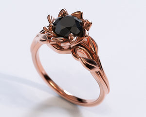 Black Diamond Solitaire Flower Engagement Ring