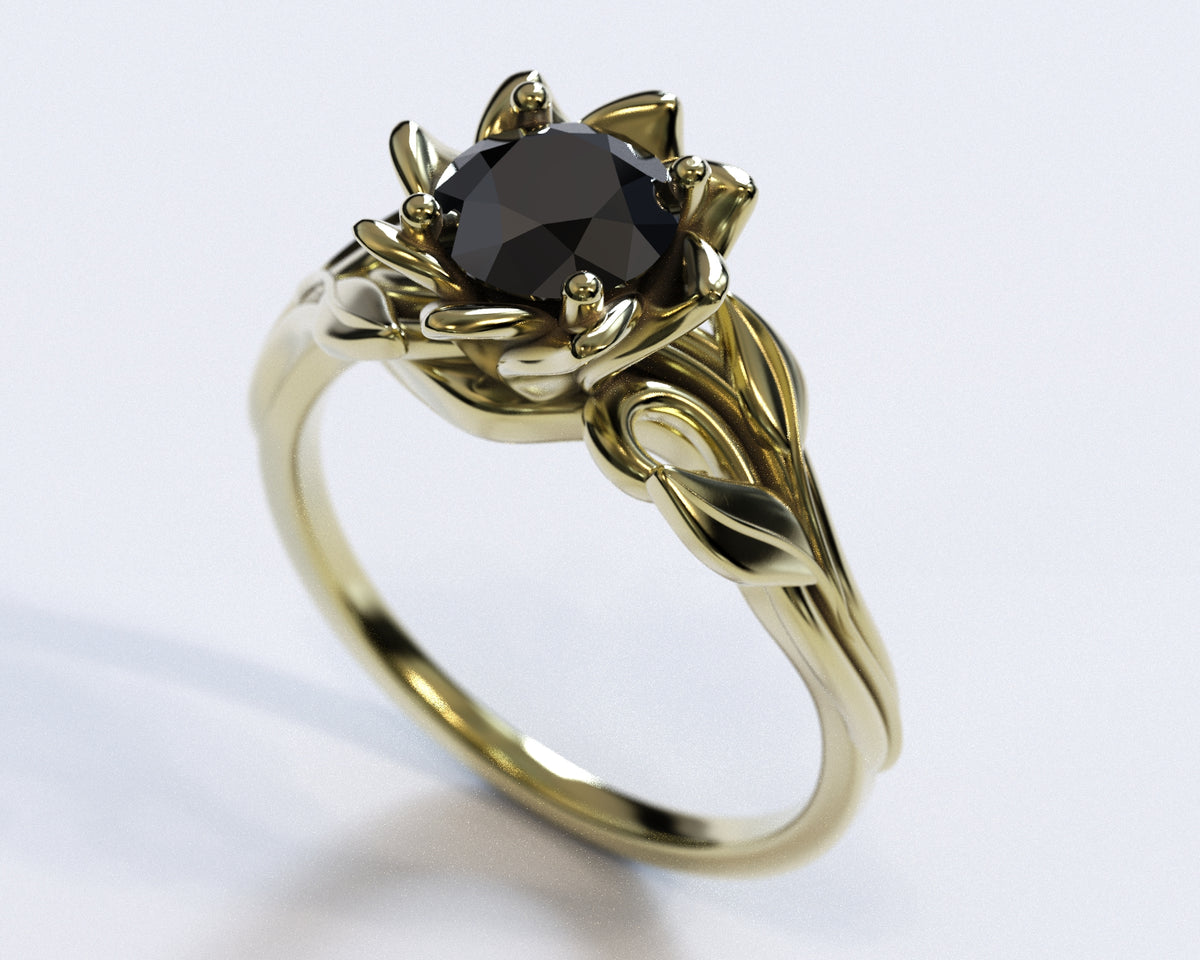 Black Diamond Solitaire Flower Engagement Ring