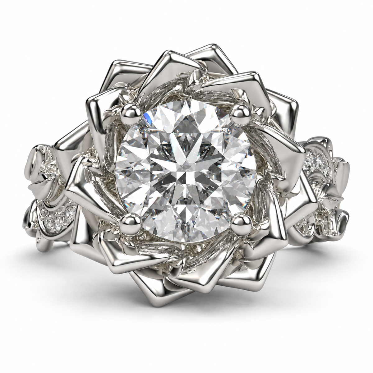 Unique Diamond Lotus Flower Engagement Ring front view on white background
