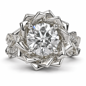 Unique Diamond Lotus Flower Engagement Ring front view on white background