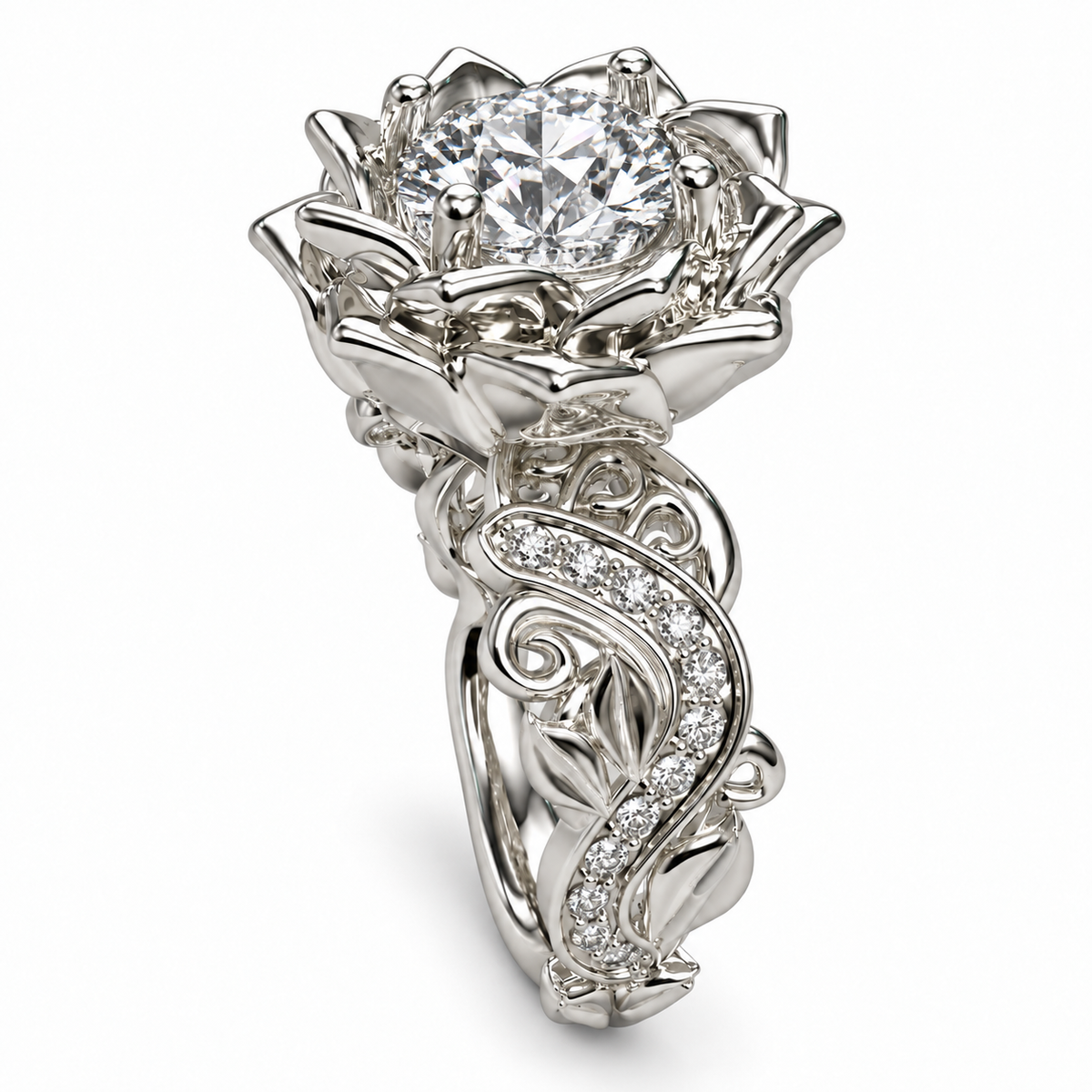 Unique Diamond Lotus Flower Engagement Ring side view on white background