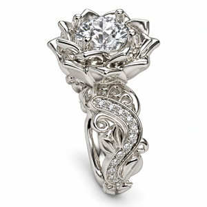 Unique Diamond Lotus Flower Engagement Ring side view on white background