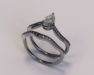 Moss Agate Teardrop Ring With Black Diamonds - Art Deco Style