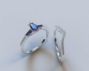 Sapphire And Diamonds Engagement Ring Set - Art Deco Style
