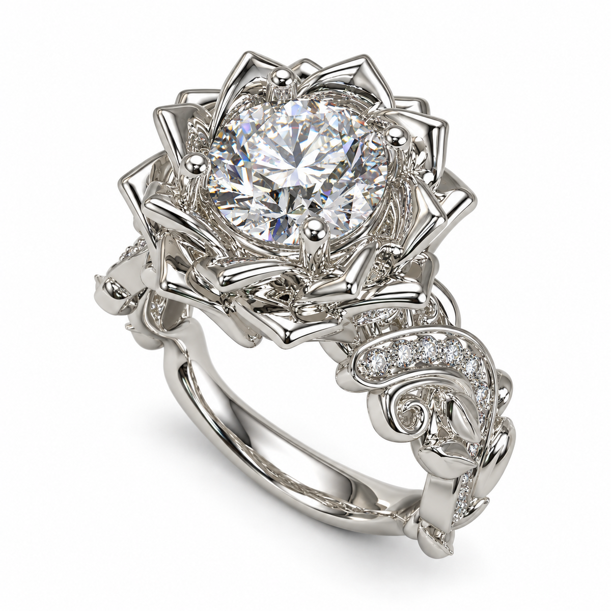 Unique Diamond Lotus Flower Engagement Ring on a white background