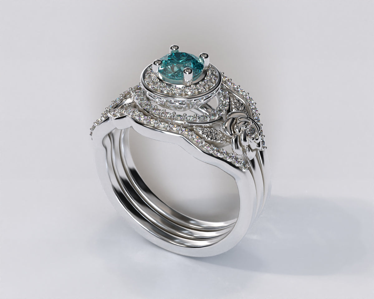 Flower Aquamarine White Gold Wedding Ring Set