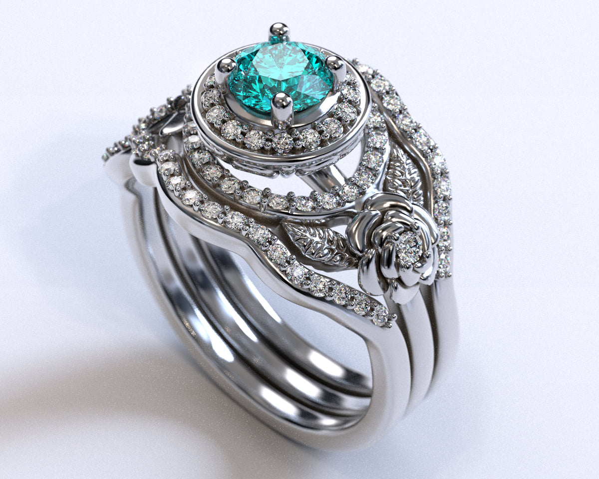 Flower Aquamarine White Gold Wedding Ring Set