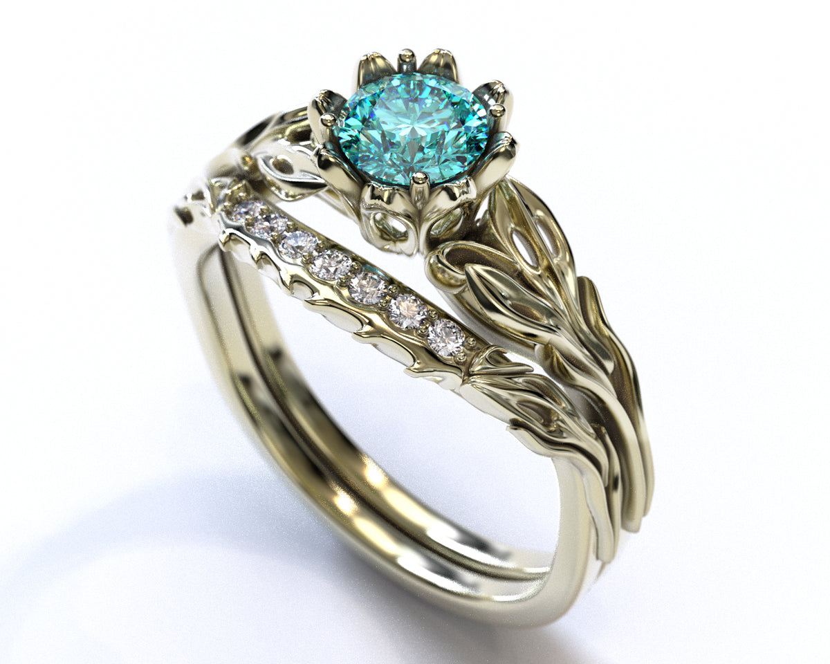 Unique Flower Blue Diamond Wedding Ring Set